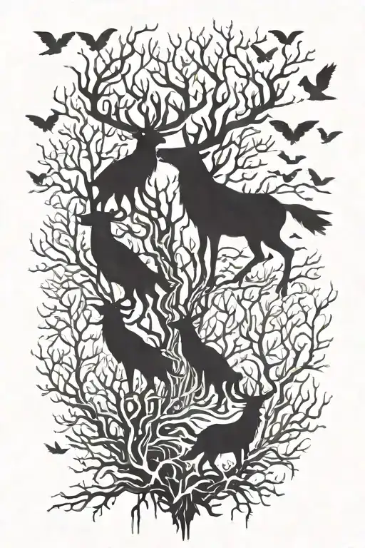 Wendigo In The Forest With Flying Flock Of Crows