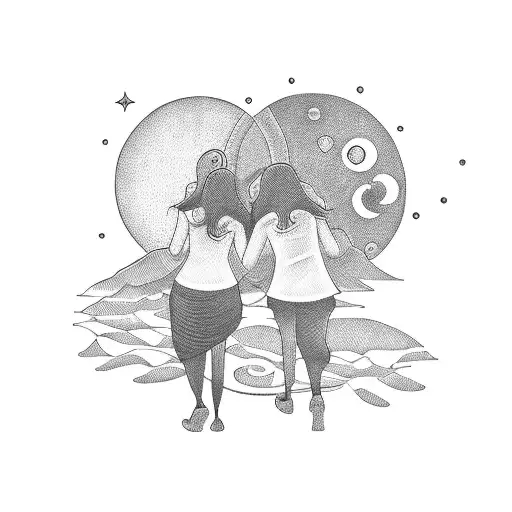 A Blackwork Tattoo Illustrating The Love Between A Mother And Daughter With The Sun And Moon