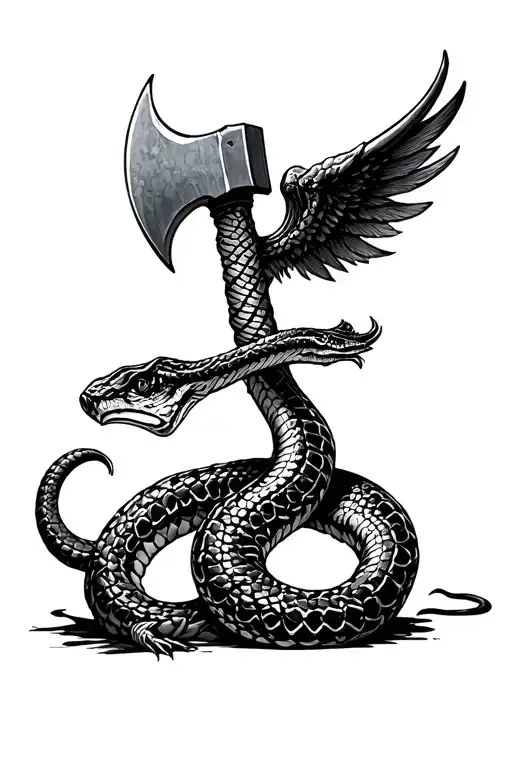Snake Hugs An Axe With Spread Wings