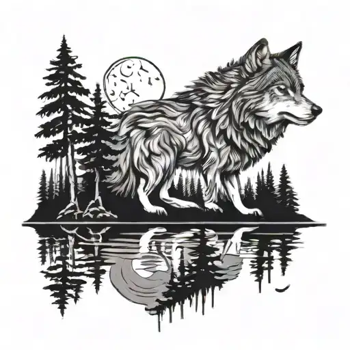 Wolves And Forest With Lake And Moon Reflect