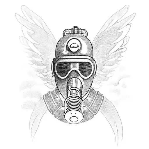 An Angel With Mechanical Metal Wings Wearing A Gas Mask Falling From The Sky