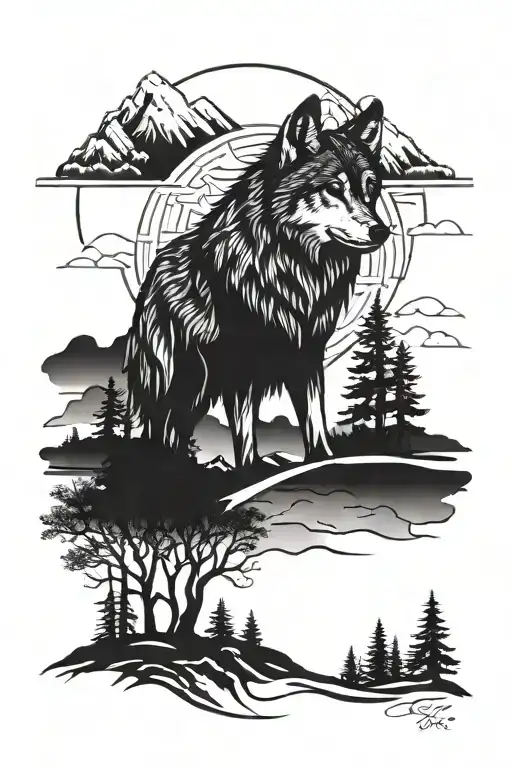 Wolf With Tree And Mountains