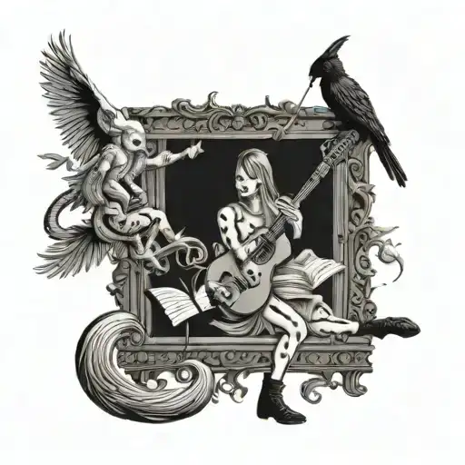 A Library Scene With Mystical Creatures Dancing Around A Central Guitar