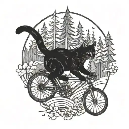 A Majestic Blackwork Tattoo Of A Cat Riding A Bicycle Through A Mystical Forest