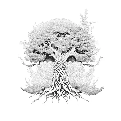 Ancient Tree With Intricate Root System Intertwined With Mechanical Gears