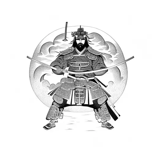 Samurai Standing In A Flower Garden With A Dragon Flaying Behind Him In The Night Sky