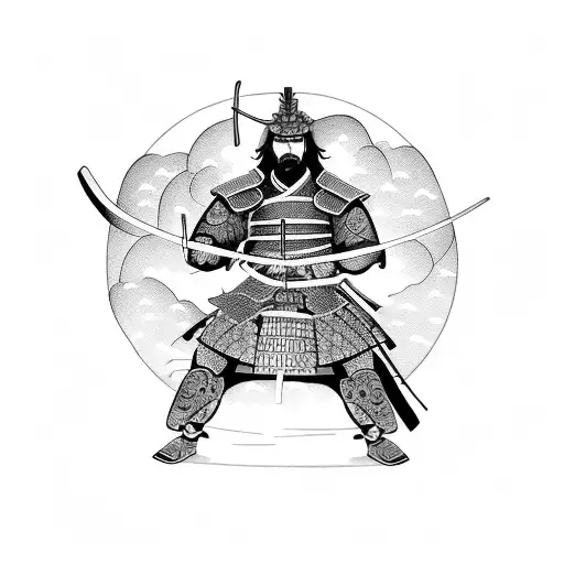 Samurai Standing In A Flower Garden With A Dragon Flaying Behind Him In The Night Sky