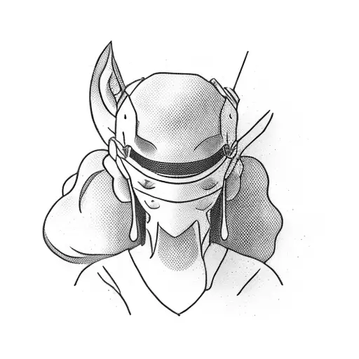 Full Body Woman With Samurai Mask On Kneeling Down In Minimal Clothing