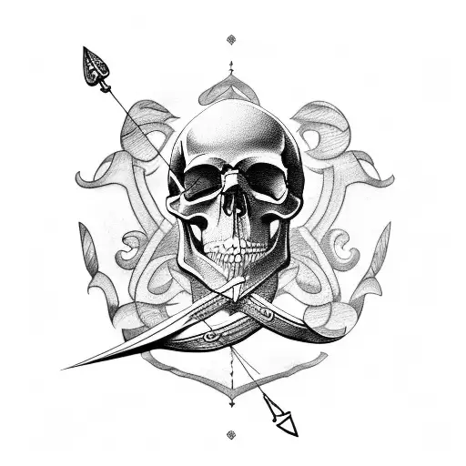 A Tattoo Design Featuring A Skull And Archery