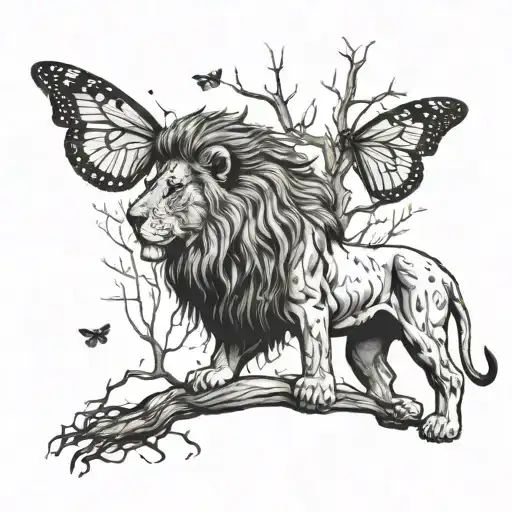 Lion Standing Under A Sycamore Tree With Butterfly Next To It