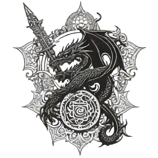 A Dragon Wielding A Sword In A Mandala Design With Intricate Pendants