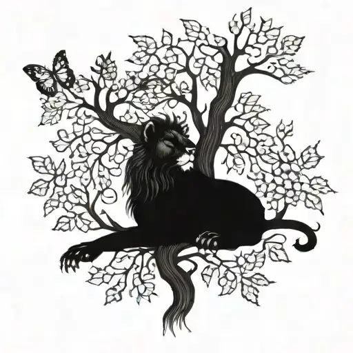 Lion And Butterfly Under A Sycamore Tree