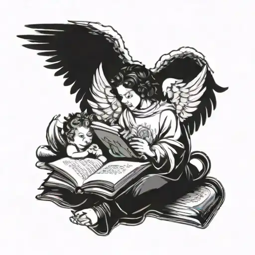Student Reading A Book With Angels Watching Over And Providing Guidance