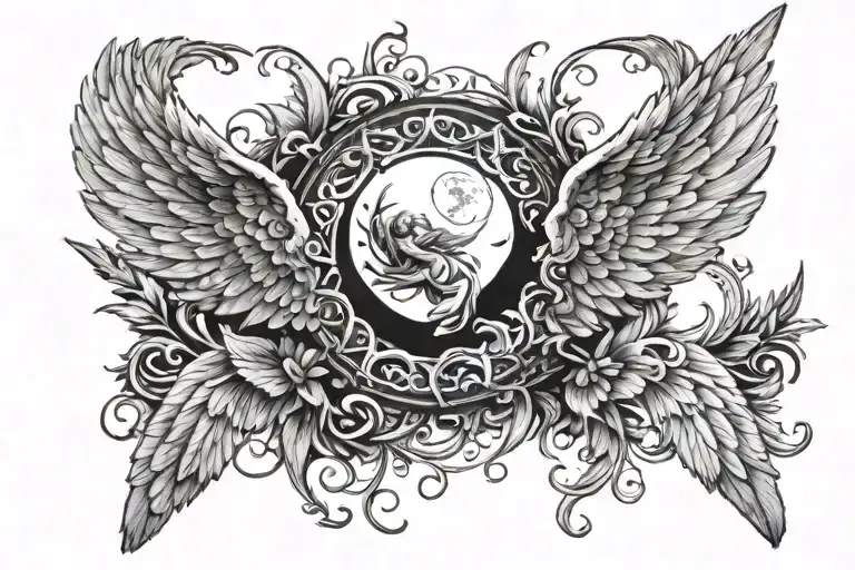 Angel Wings Spread Wide With Cresent Moon