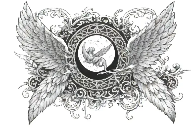 Angel Wings Spread Wide With Cresent Moon