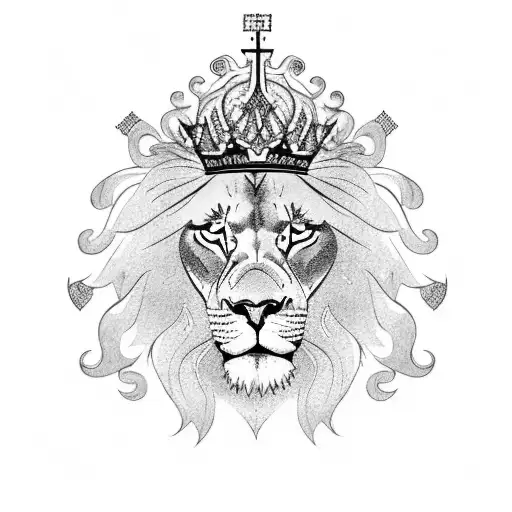 A Detailed Blackwork Tattoo Of A Majestic Lion With A Crown On Its Head