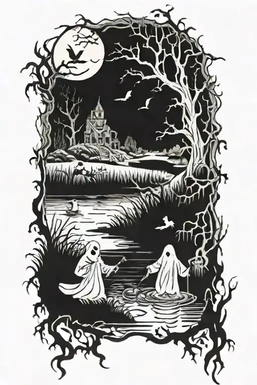 Halloween Scene With Ghosts Hunters And A Swamp