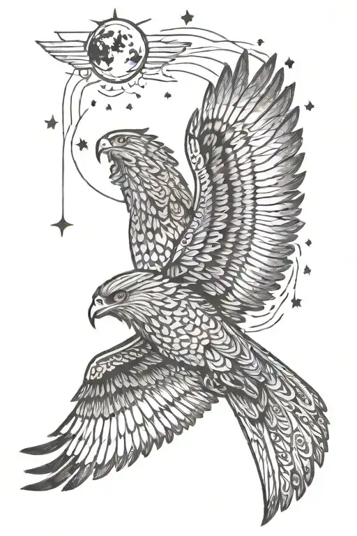Hawk Flying Towards The Sun Moon Stars
