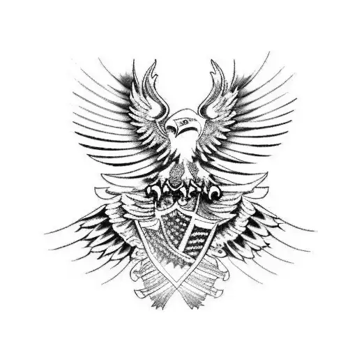 A Blackwork Tattoo Of An Eagle With The Polish And American Flags Incorporated Into Its Wings