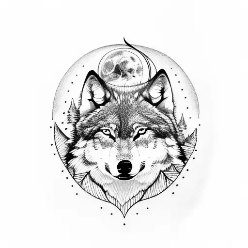 Full Wolf With Forest And Moon