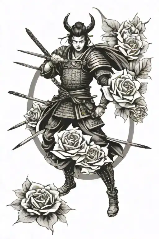 Samurai And Roses Surrounded