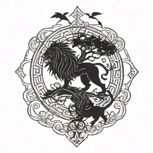 Tree Of Life With Bacground Norse Arrow And An Ethipian Lion And A Dragon