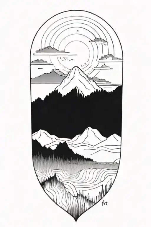 Mountain Range On Top Ocean On Bottom Half