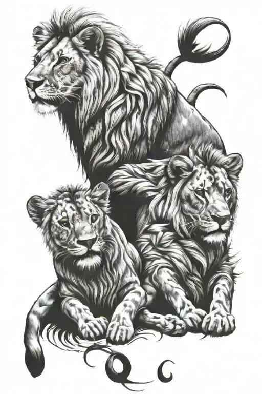 Daddy Lion With 2 Baby Lion Surrounded