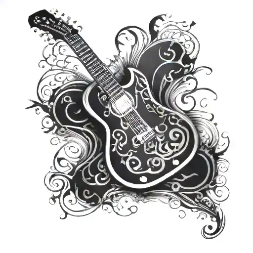 A Detailed Blackwork Tattoo Of A Guitar With Intricate Designs Inspired By Metal Music