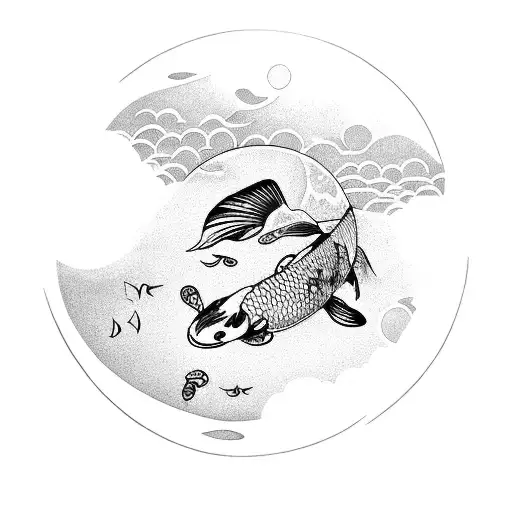 A Koi Fish Swimming Under A Sun And Moon Sky