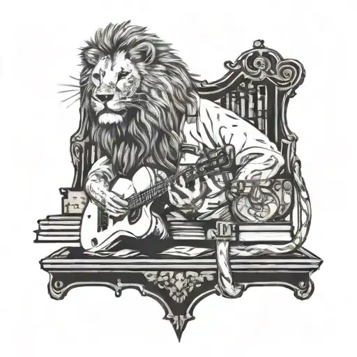 A Lion Playing A Guitar In A Library Setting