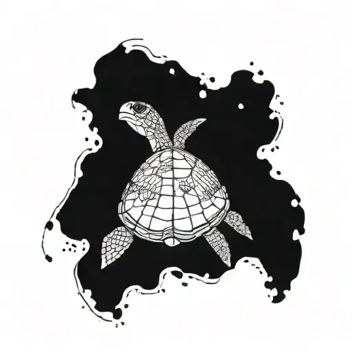 A Sea Turtle With A Map Of The World And A Small Boat Drawn In Its Shell