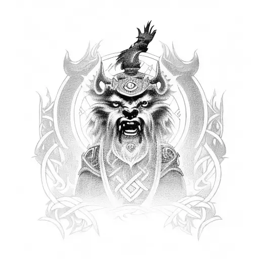Foo Dog And Odin's Crows With Norse Runes