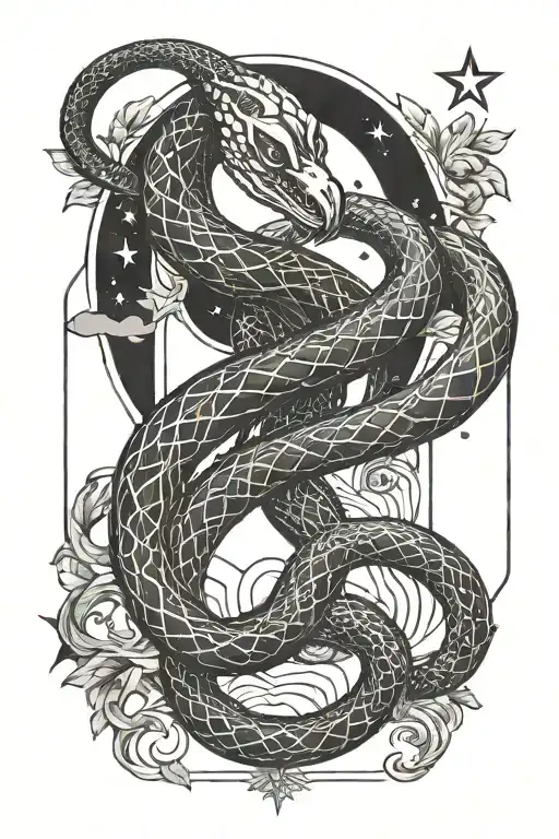 A Tarot Card Design Featuring A Snake Intertwined With The Symbols Of The Moon And Stars