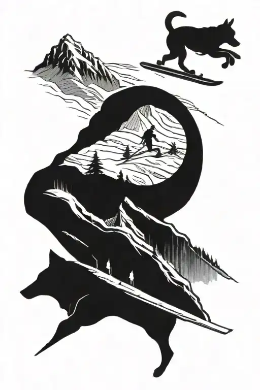 A Silhouette Of A Skier Racing Down A Mountain With A Dog Running Alongside