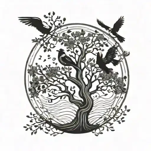 Tree In A Circle With 2 Birds Flying