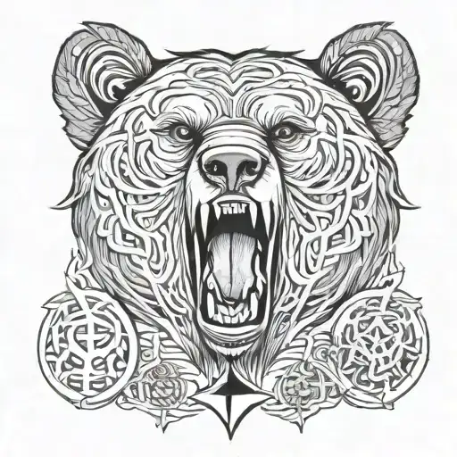 The Head Of A Growling Bear And The Star Of Rus' Rune Tattoo On The Chest