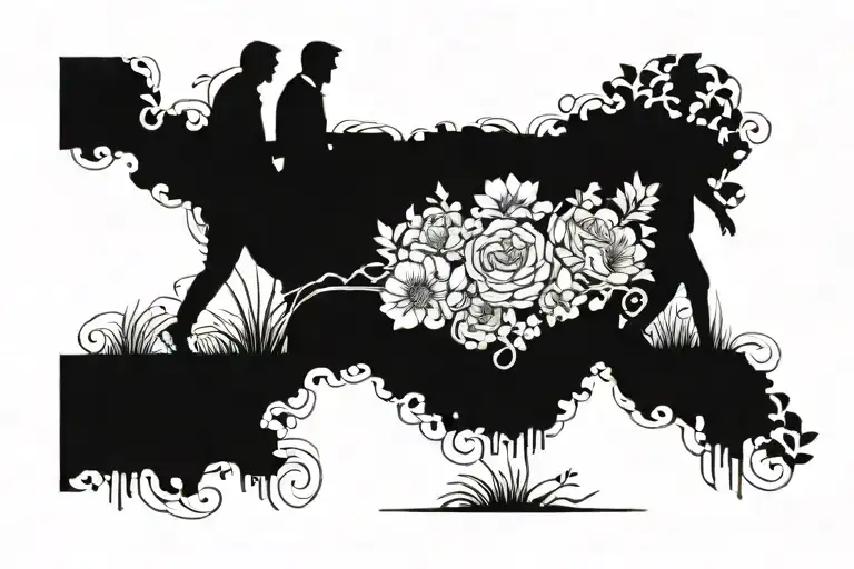 Flowers Intertwined With Father Son Walking Silhuette