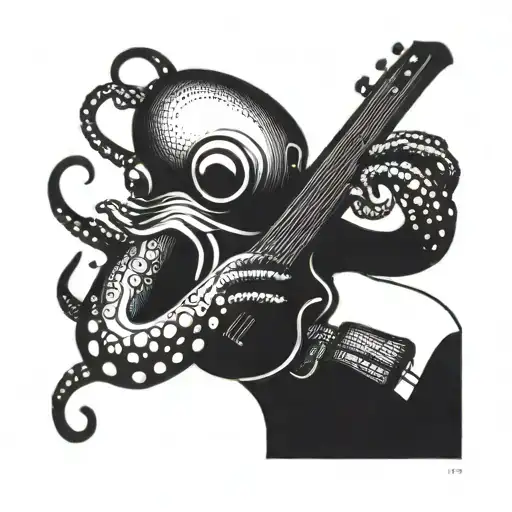 A Blackwork Tattoo Of A Stylized Octopus Playing A Guitar
