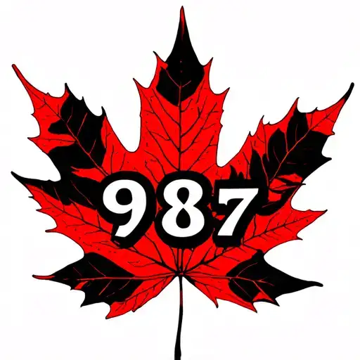 Red Maple Leaf With Numbers 987 In Black Superimposed