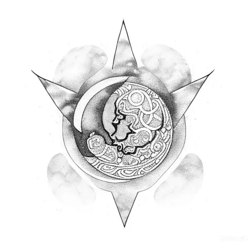 A Blackwork Tattoo Of A Moon And Safety Pin Merging Together