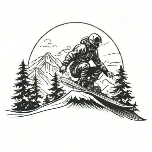 A Tattoo Design Featuring A Snowboarder Carving Down A Mountain With Palm Trees In The Background