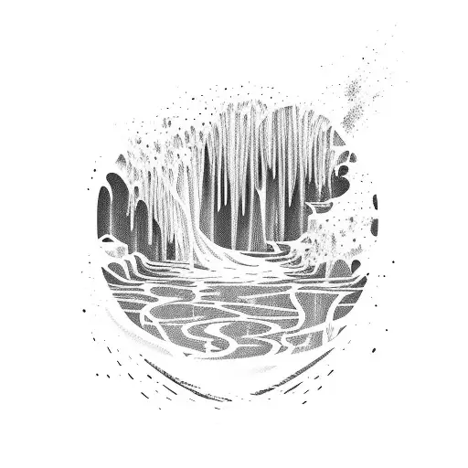 A Cascading Waterfall With A Volleyball Incorporated Into The Flowing Water In Blackwork Style