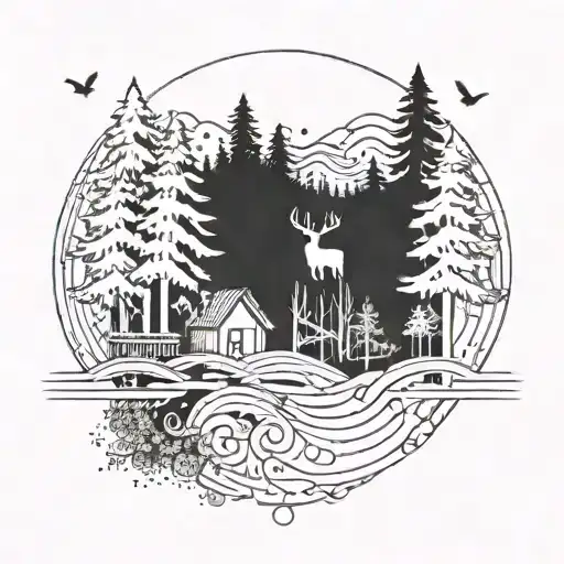 A Geometric Design Incorporating Musical Notes And A Forest Landscape