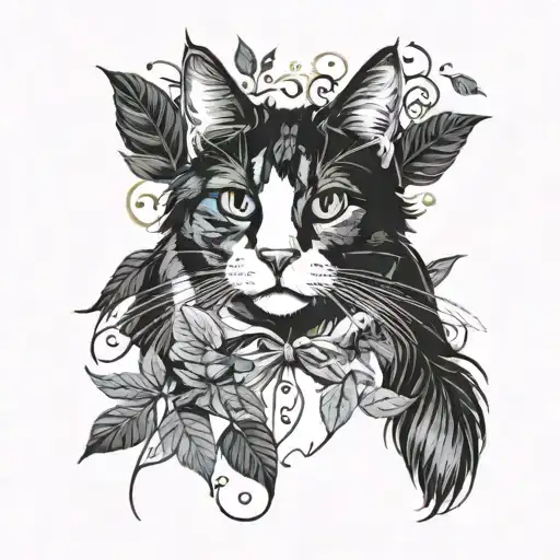 Long Hair Tuxedo Cat Full Body Playing With Leaves