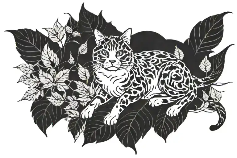 Long Hair Tuxedo Cat Full Body Playing With Leaves