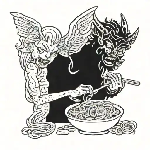 Cute Demon And Cute Angel Eating Pasta Italian