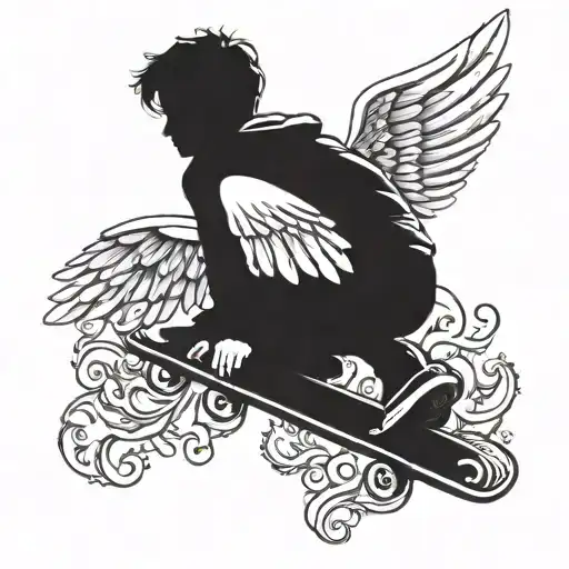 Silhouette Of A Boy With Angel Wings Skateboarding