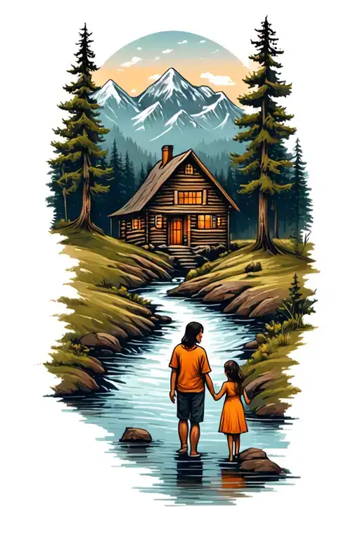 Cabin In The Mountains With A Stream With Family Father Daughter Daughter Son Mother
