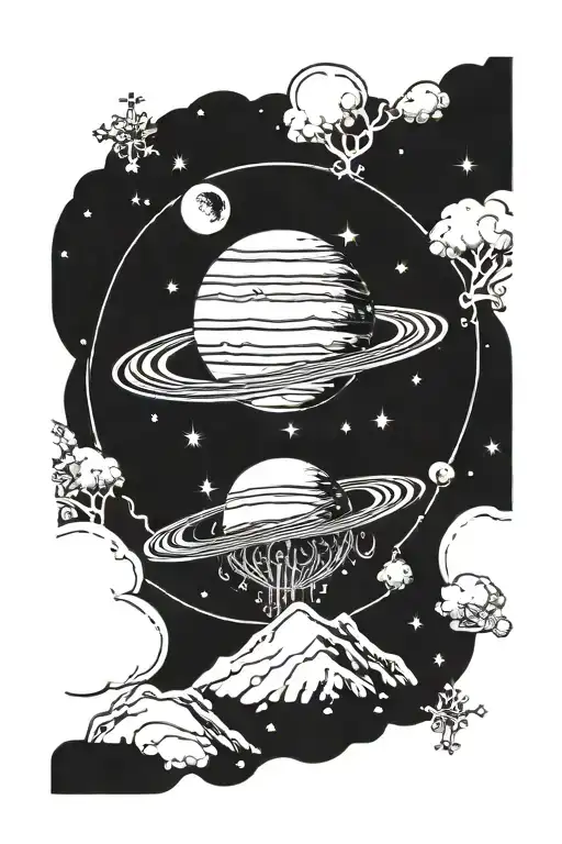 Saturn Surrounded By Winter-themed Elements Like Snowflakes And The Moon